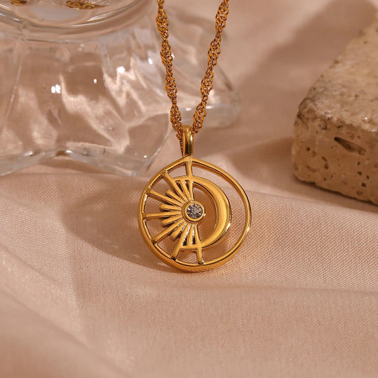 Hollow Moon and Sun Pendant Necklace